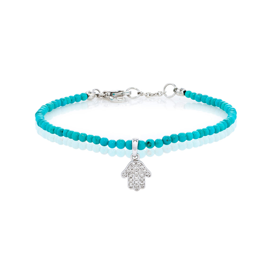 White Diamond Dangling Baby Hamsa with Small Turquoise Beads
