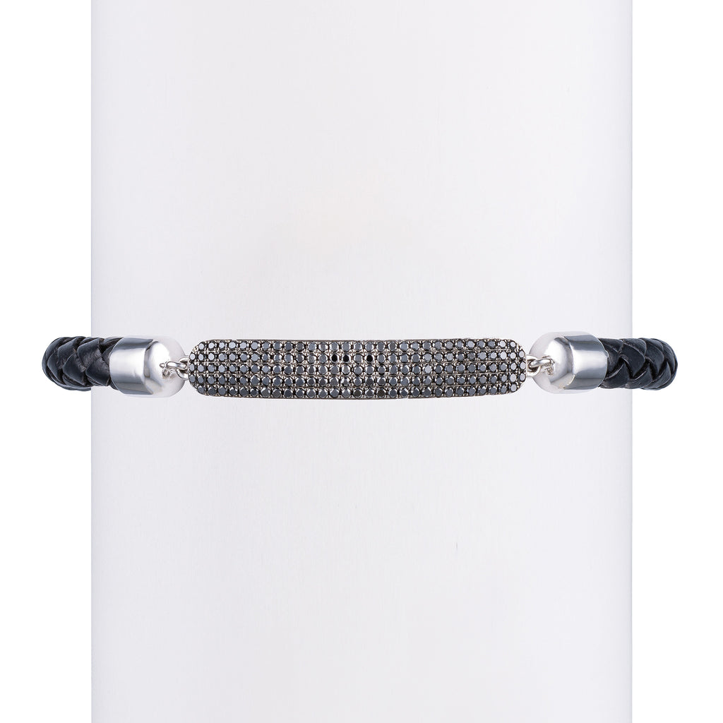 Men's Black Diamond Bar & Leather Bracelet