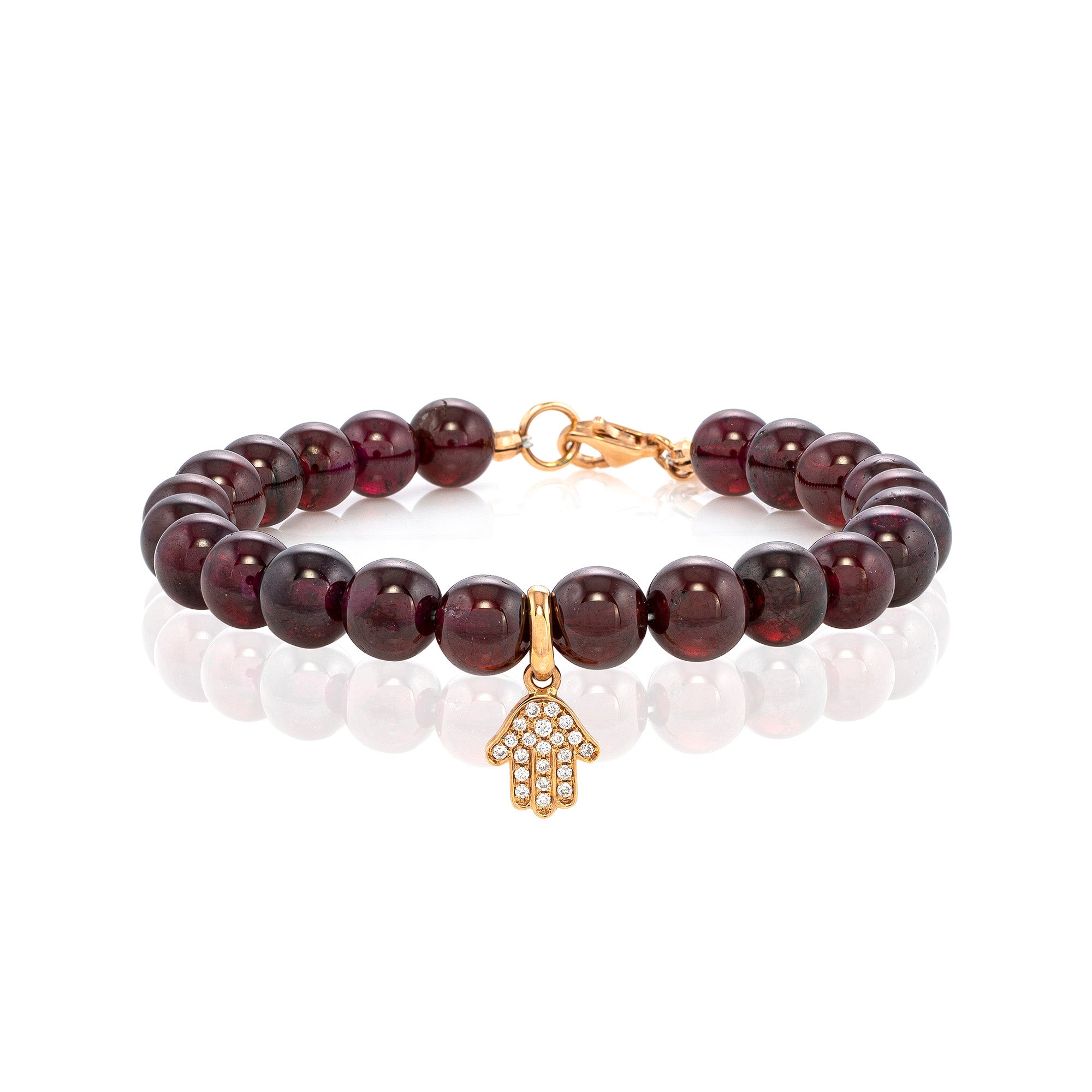 White Diamond Dangling Baby Hamsa with Large Garnet Beads – Karma Creations  Jewelry