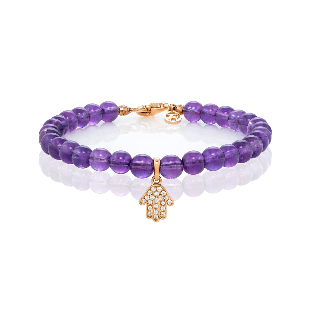 White Diamond Dangling Baby Hamsa with Large Amethyst Beads