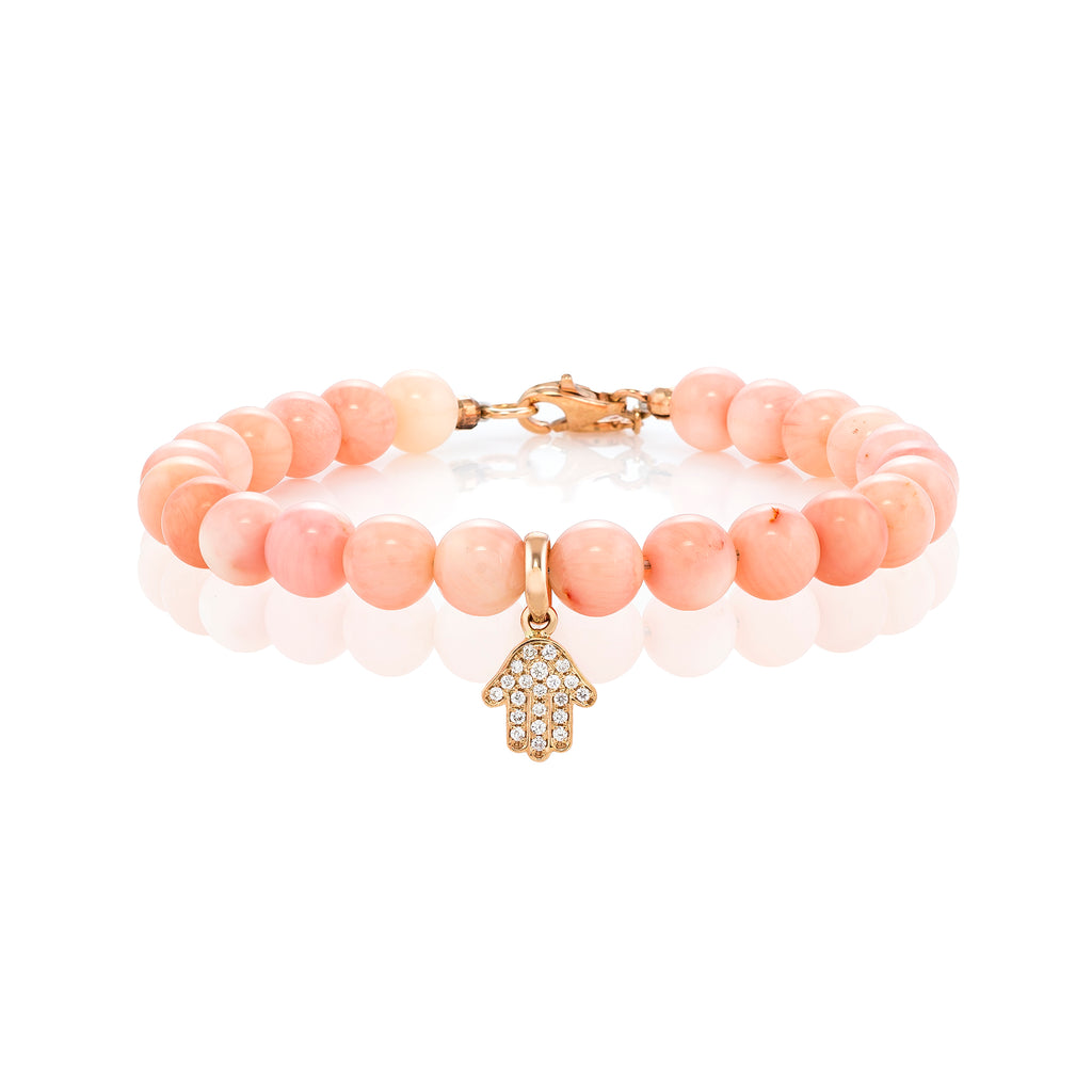 White Diamond Dangling Baby Hamsa with Large Sea Bamboo Beads