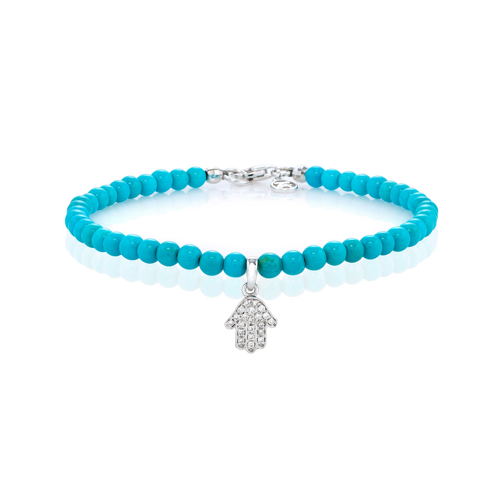 White Diamond Dangling Baby Hamsa with Medium Turquoise Beads