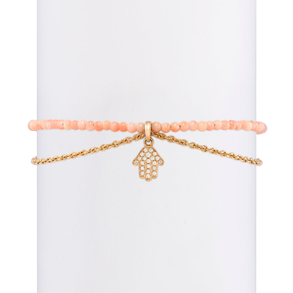 White Diamond Dangling Baby Hamsa Bracelet with Small Sea Bamboo Beads & Chain