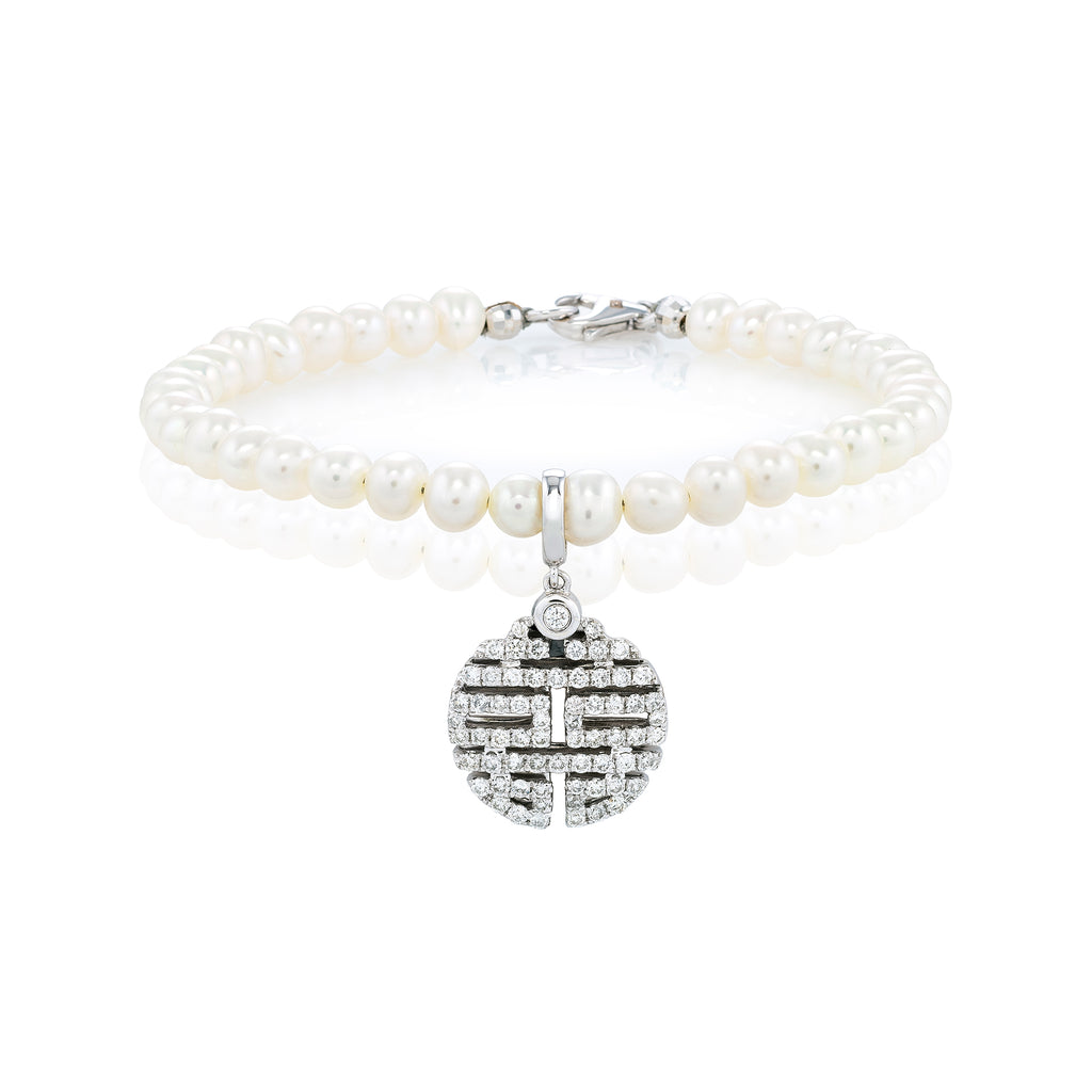 White Diamond Double Happiness Bracelet with Pearls