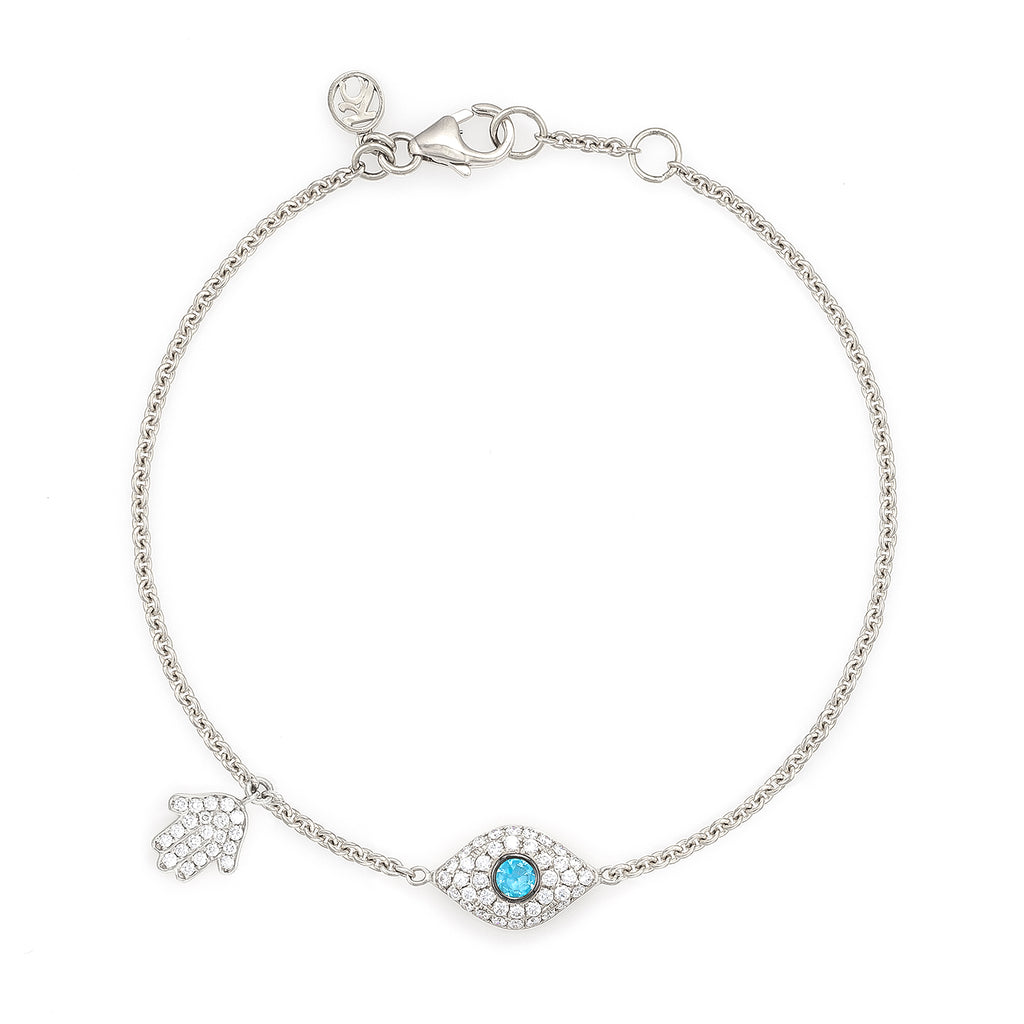 Diamond & Aquamarine Full Evil Eye with Dangling Baby Hamsa Bracelet